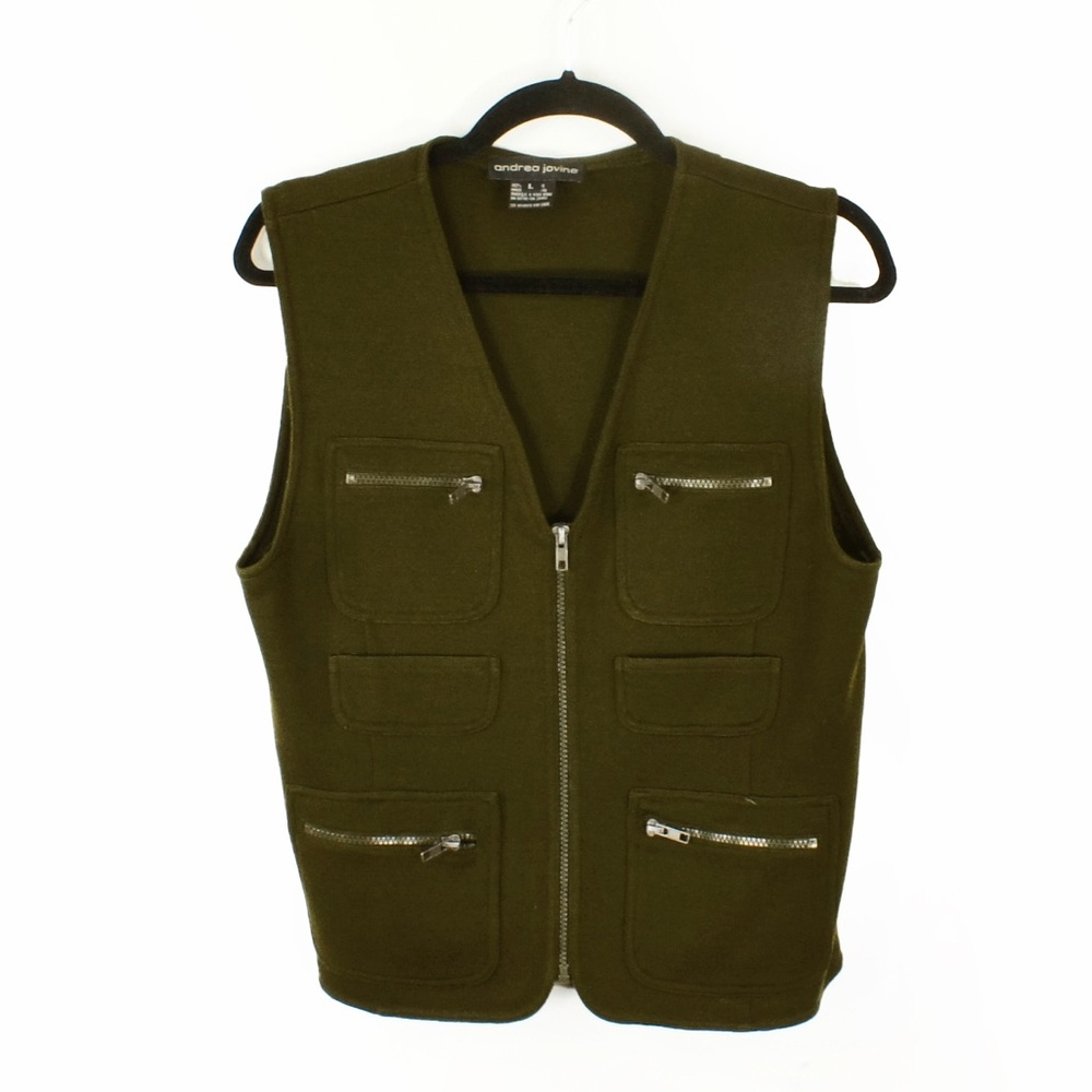 Vintage Dark Khaki Green Multipocket Military Utility Cargo Wool Vest Top
